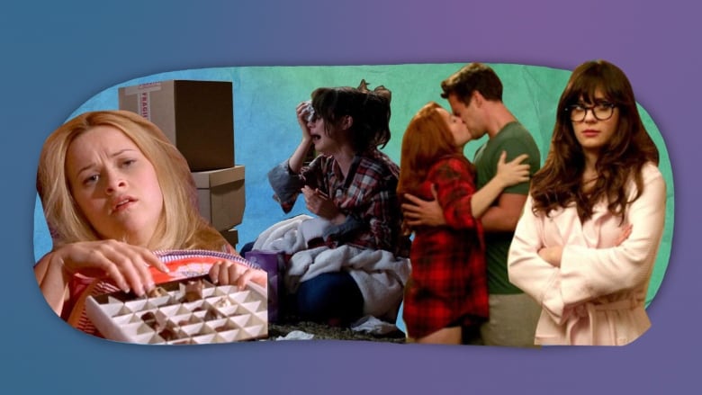 Photo illustration on blue and purple background show cut out images from various movies and television. From left to right: image of woman eating chocolate, image of woman crying in pyjamas, image of two people kissing, image of woman looking annoyed. 