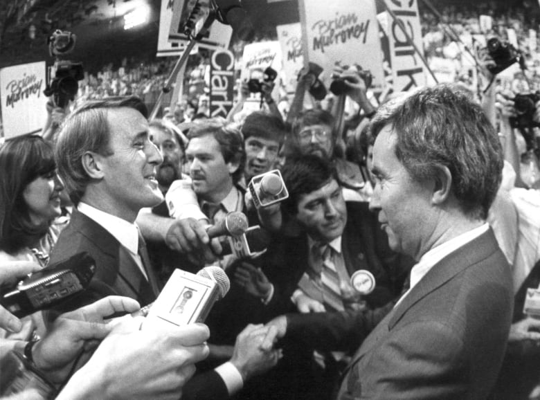  Brian Mulroney and Joe Clark meet on the floor of the Conservative leadership convention in Ottawa, June 11, 1983. The Conservative party’s past flashed before its eyes Wednesday, in the form of renewed claims that foreign money was raised by backers of Mulroney to help undermine  Clark’s leadership in 1983.