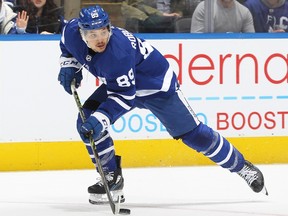 Nick Robertson of the Maple Leafs skates with the puck against the Seattle Kraken at Scotiabank Arena on March 8, 2022 in Toronto.