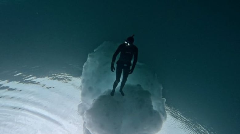 A diver stands on top of a round iceberg.