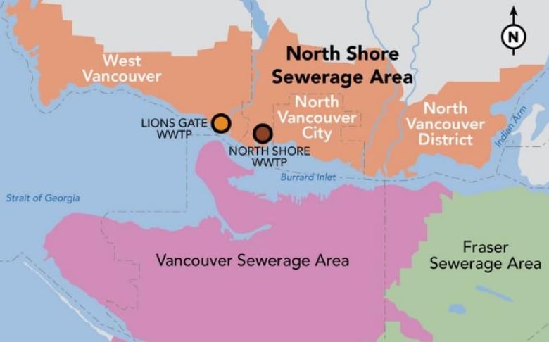 A map shows what geographical areas are included in the North Shore Sewerage Area,