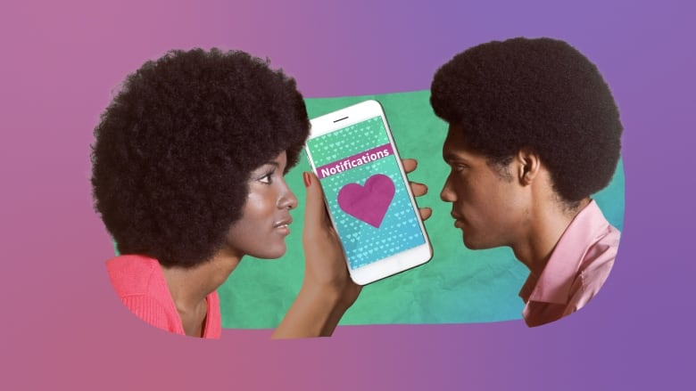 A man and a woman look at each other. In the middle is a phone with the word "Notifications" on it and a heart. 