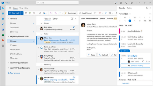 Screenshot of Outlook with an email open and a calendar sidebar.