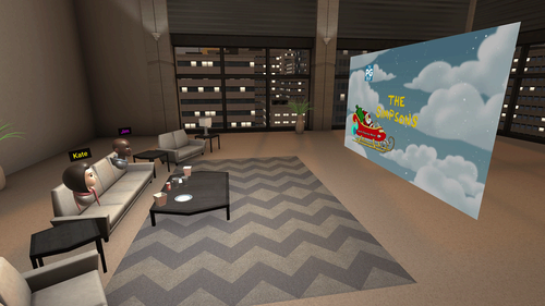 VR avatars watching The Simpsons on a large screen in a virtual living room.