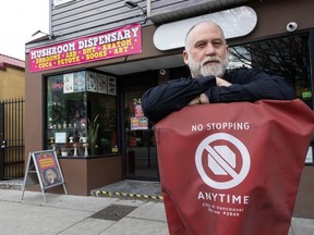 Vancouver, BC: MARCH 06, 2024 -- Dana Larsen at his Medicinal Mushroom Dispensary on W. Broadway in Vancouver, BC Wednesday, March 6, 2024. Three city councillors voted March 5 to reissue a business license for the dispensary on W. Broadway after it was shut-down by police last November. Larsen's is now the first store licensed to sell magic mushrooms and other psychedelic drugs in Canada. (Photo by Jason Payne/ PNG) (For story by Dan Fumano) [PNG Merlin Archive]