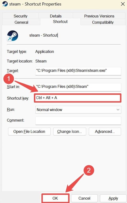 Setting a shortcut key from the Properties window on Windows 11.