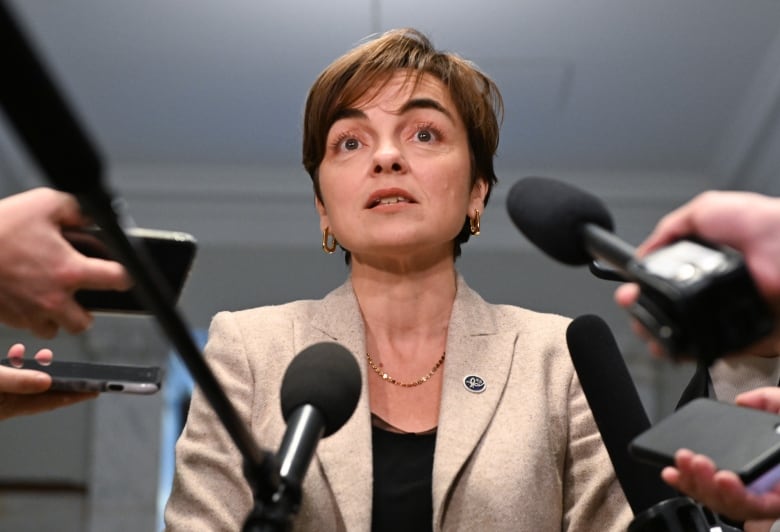 Quebec Immigration Minister Christine Frechette responds to reporters questions before entering a cabinet meeting.