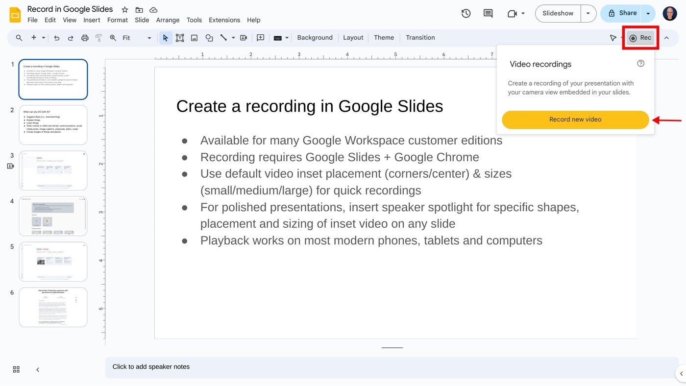 Select the Rec button for screen recording in Google Slides.