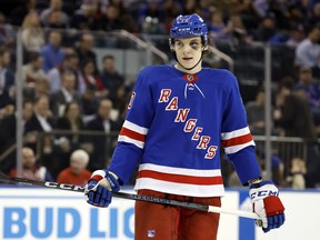 Matt Rempe of the New York Rangers looks on during the second period against the Columbus Blue Jackets at Madison Square Garden on Feb. 28, 2024 in New York City.