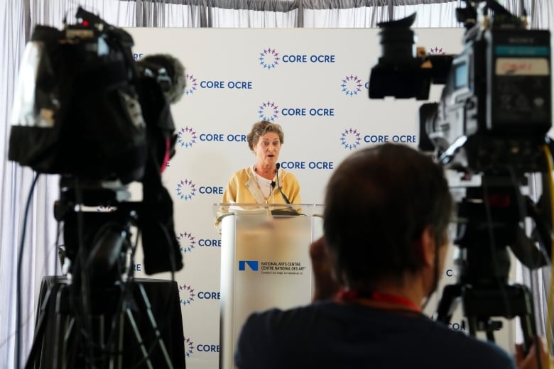 A white woman wearing gold-coloured clothes holds a news conference in front of a number of cameras.