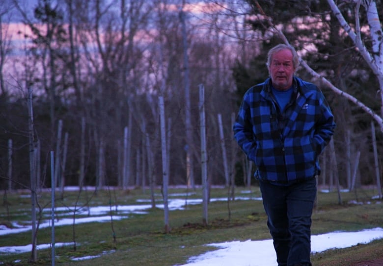 Rod Steenbruggen is shown walking near an apple orchard in January 2024.