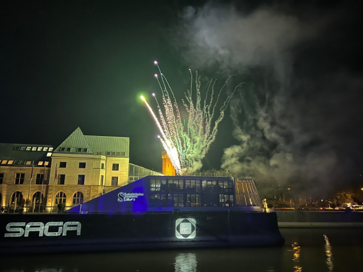 Saga had a fireworks show, viewable from a yacht on the Rhine at Gamescom 2023.