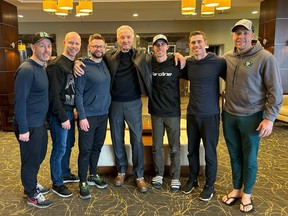 Ernie Richardson (middle) with Mike McEwen's Saskatchewan rink at the 2024 Montana's Brier.