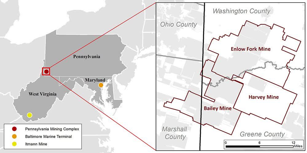 The Pennsylvania Mining Complex, located in Greene and Washington counties, is the largest underground coal mine complex in North America. Consisting of the Bailey, Enlow Fork and Harvey mines, along with the central preparation plant and train loadout facility. It is among the sagest and most productive complexes in the world.