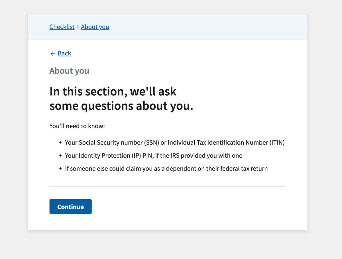 IRS Direct File tells me what it will ask me in About You section