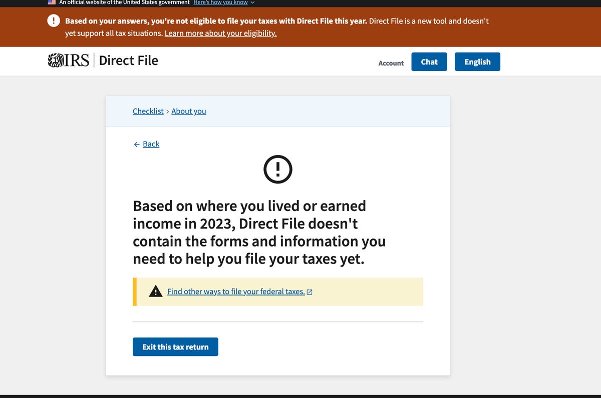 IRS Direct File shows me error message because I don't qualify for the program.