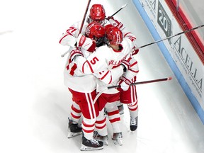 Vancouver Canucks prospect Tom Willander and his Boston University teammates celebrate a goal in an NCAA playoff game against Northeastern on Saturday. BU won 4-2 and advance to the Hockey East semifinal.