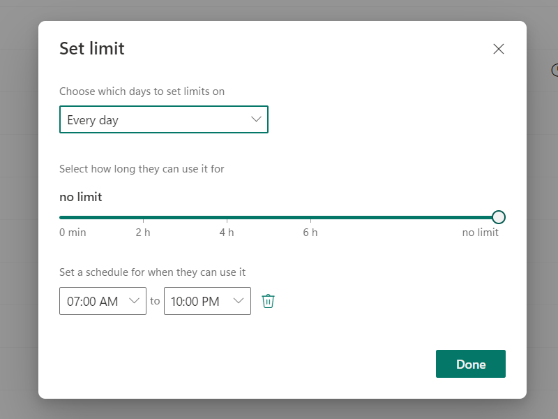 Setting app and game limits on Windows 11 in the Family app.