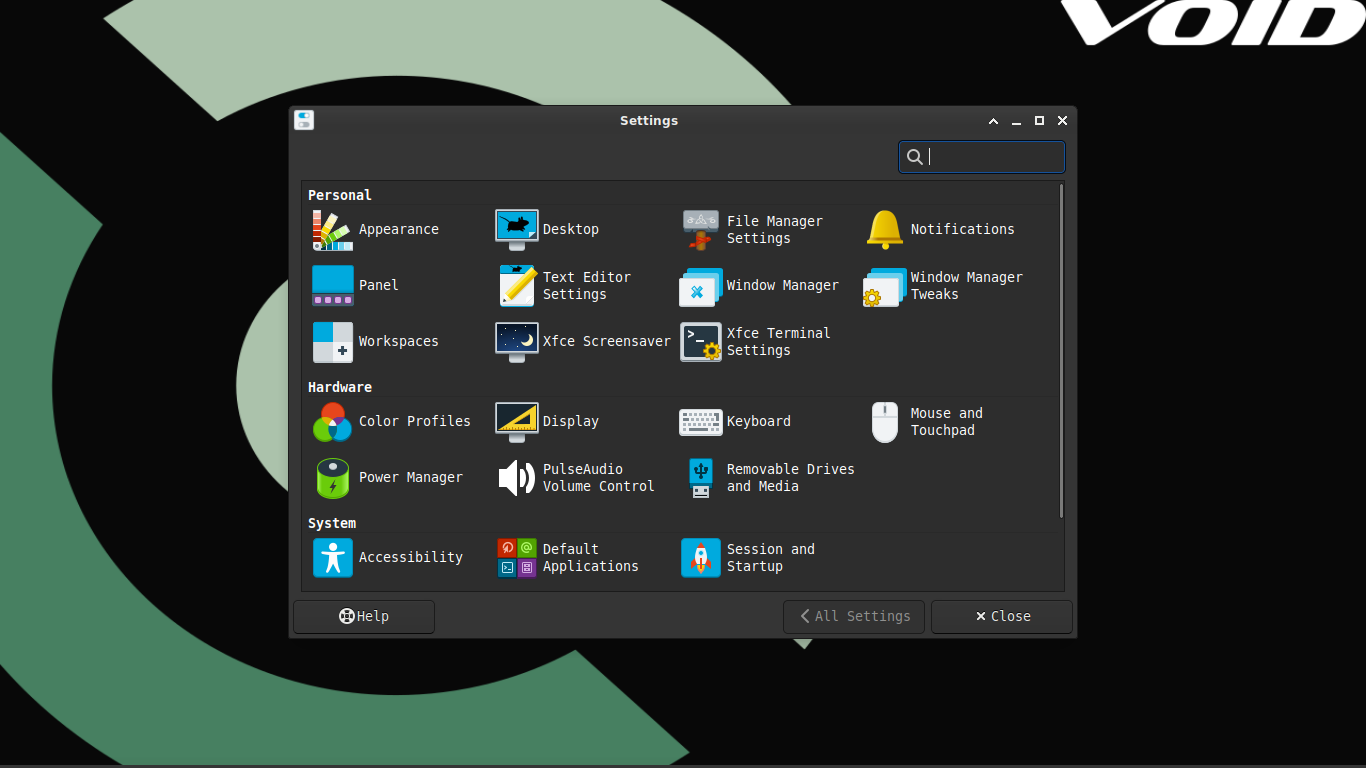 The settings for the XFCE4 desktop environment in Void Linux