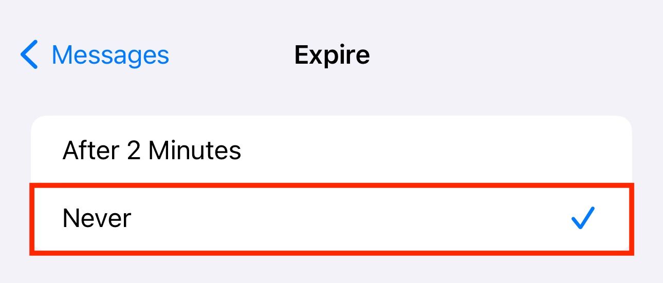 Setting voice message expiry on iPhone to Never.