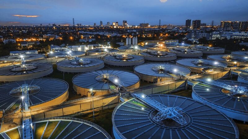 Aerial view of a sewage treatment plant.