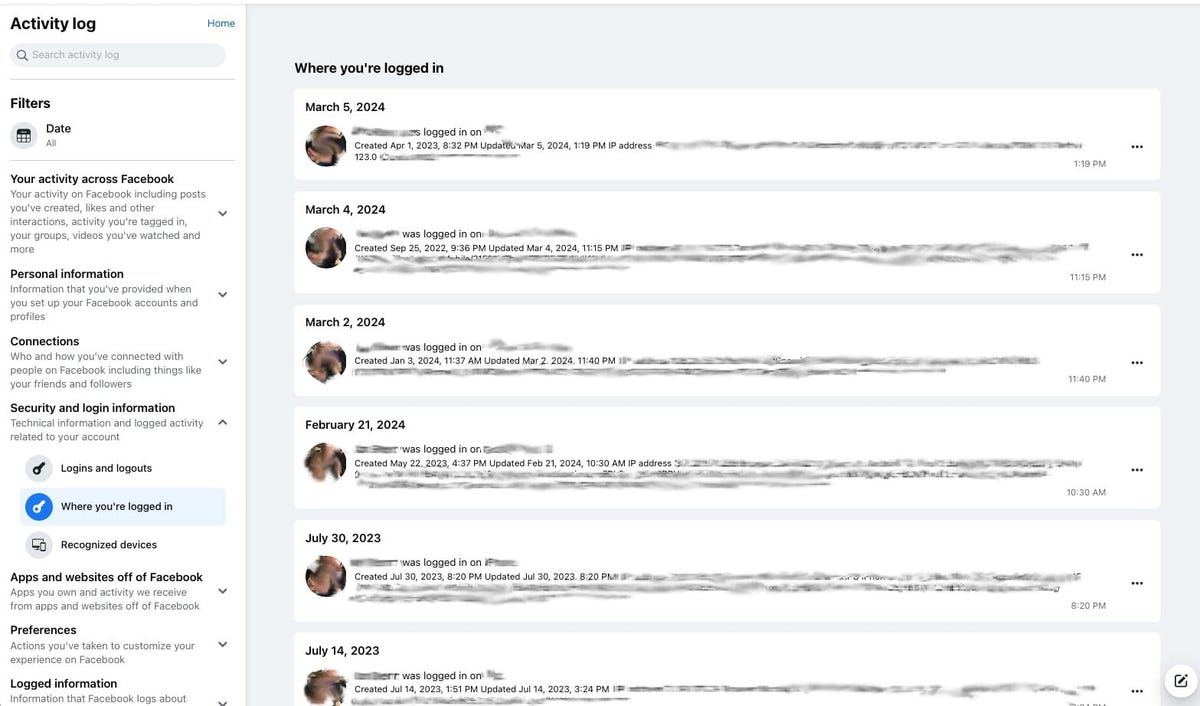 Screenshot showing Facebook activity log