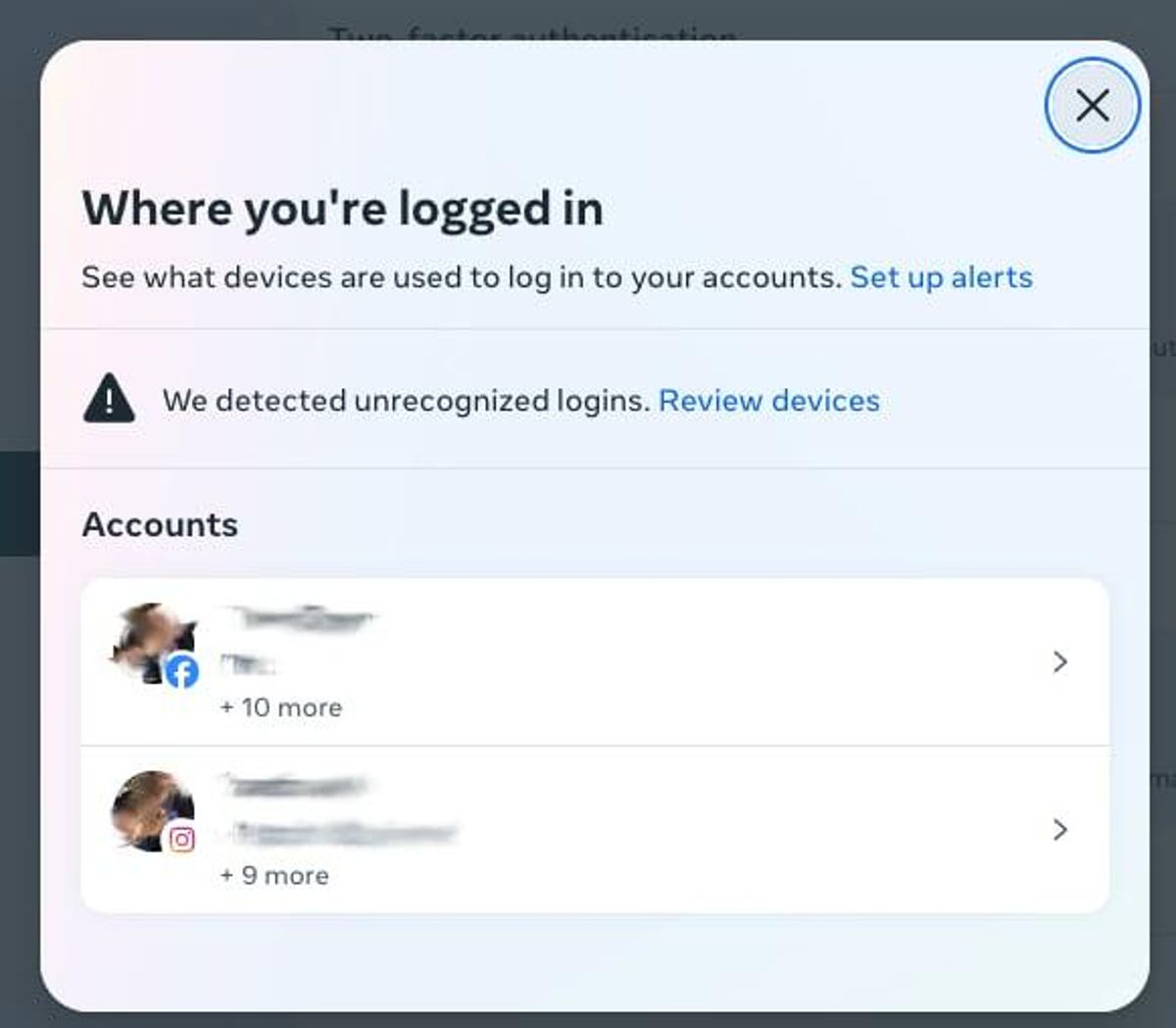 Screenshot showing Meta logins