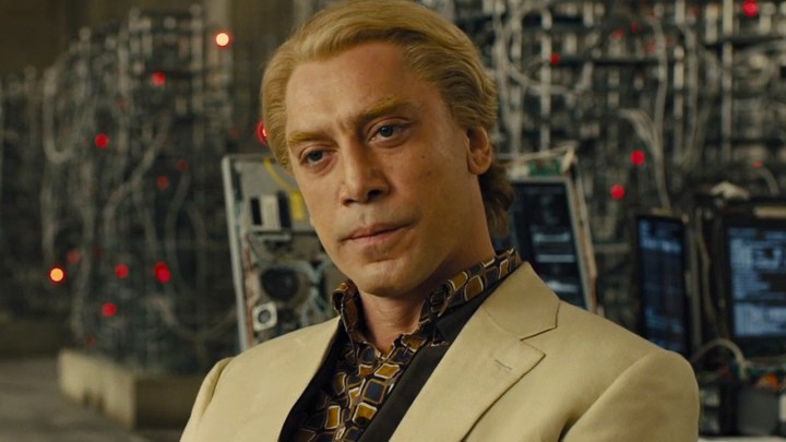 Javier Bardem looks serious in Skyfall.