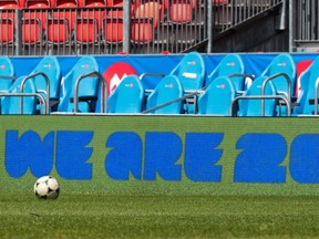 Signage for the official brand and new #WeAre26 awareness campaign as Host City for FIFA World Cup 2026, photographed at BMO Field in Toronto, on Thursday, May 18, 2023.