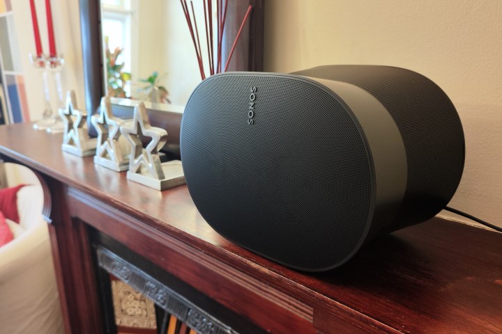 The Sonos Era 300 on a shelf.