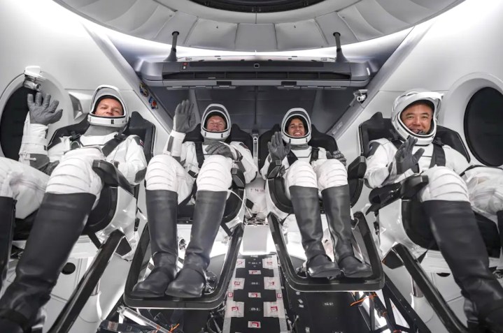 SpaceX Crew-7 aboard the Crew Dragon spacecraft at the start of their mission in August 2023.