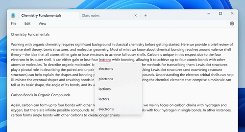 Screenshot of spellcheck suggestions in Notepad