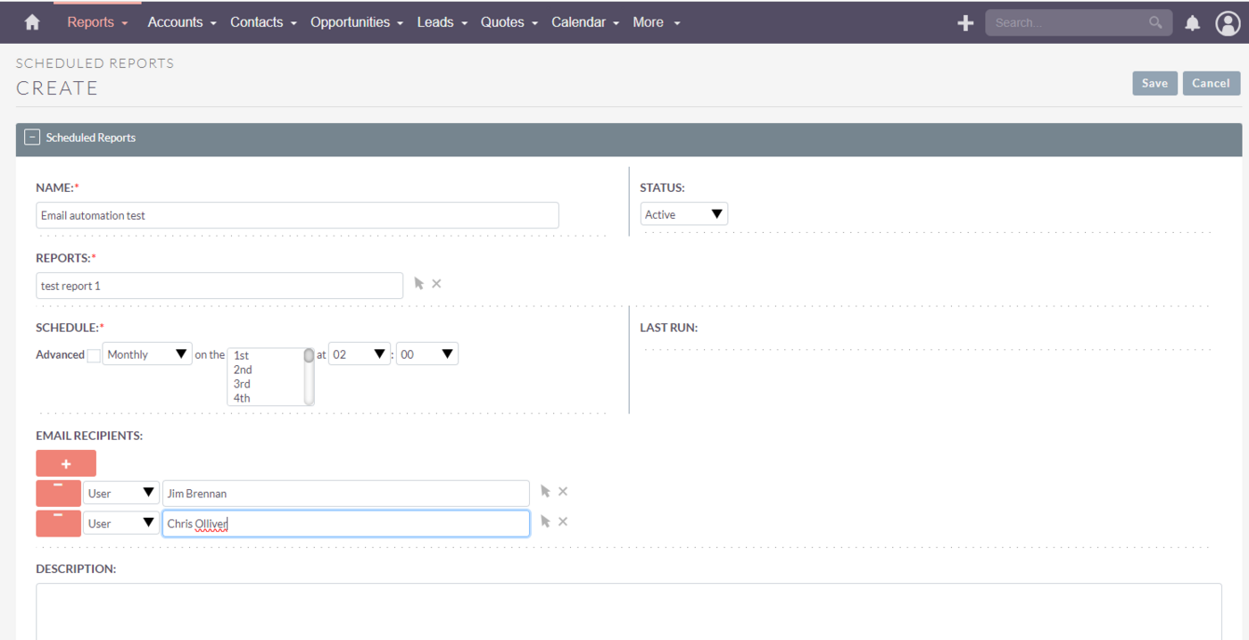 The report scheduling tool within SuiteCRM.