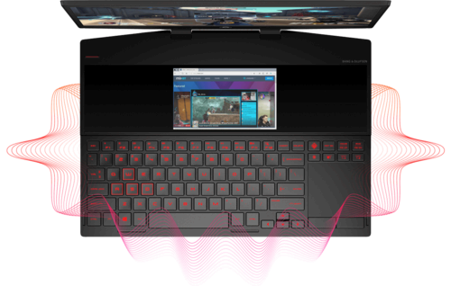 HP Omen X 2S laptop showing it's secondary screen above the keyboard.