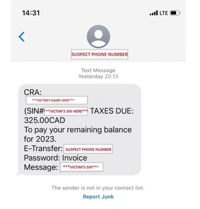 The new tax text scam contains victim's name and social insurance number. 