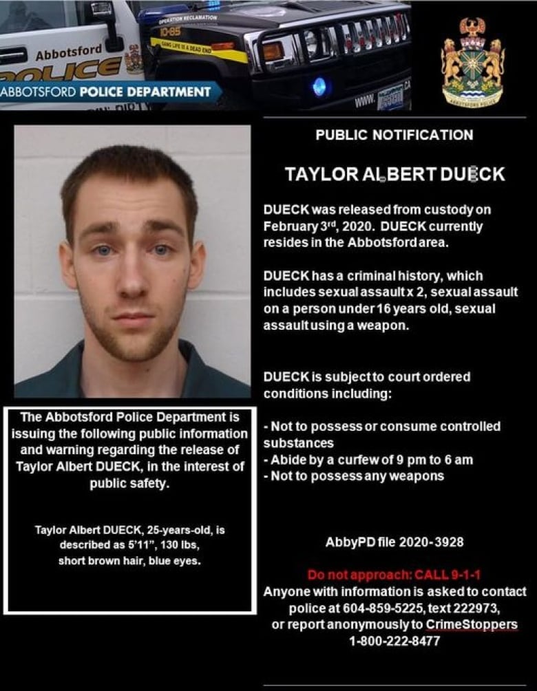 A poster showing a mug shot of a man in his mid 20s with information about his criminal past and a warning of his risk to the publc.