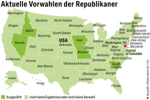 Karte von den Bundesstaaten der USA, die zeigt, wo Vorwahlen bereits stattgefunden haben und wo nicht