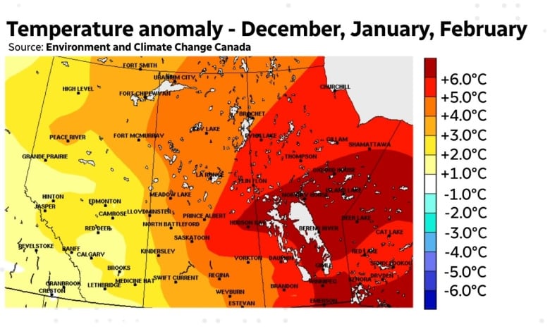 Temperature anomalies for December, January and February on the Prairies.