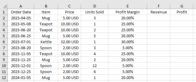 A list of orders for mugs, spoons, teapots, and kettles in Excel.