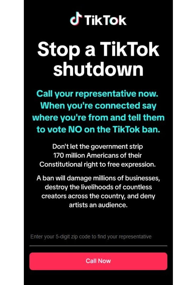 Screengrab of text saying, 'Stop a TikTok shutdown' - with message to call your comngressperson