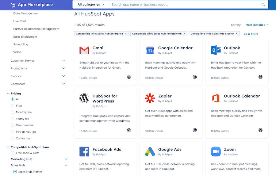 HubSpot CRM Sales Hub third-party app integrations.