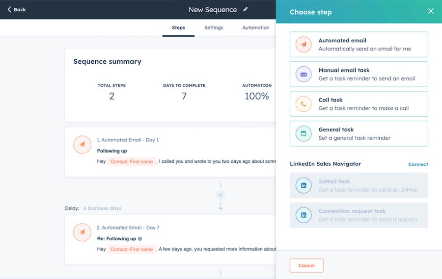 HubSpot CRM automated email sequence.