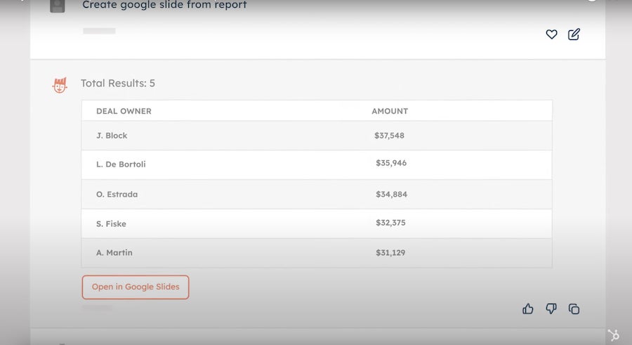 HubSpot ChatSpot AI creating a Google Slide from reports.