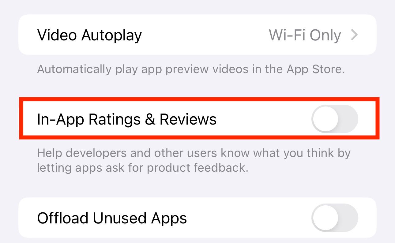 Turning off the In-App Ratings & Reviews option on an iPhone.