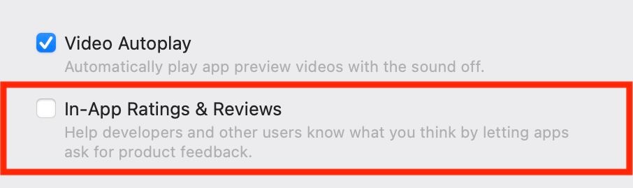 Turning off the In-App Ratings & Reviews option on a Mac.