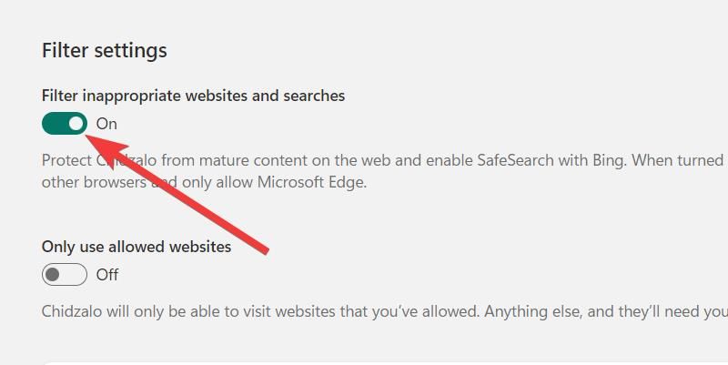 Turning on the toggle to filter websites in the Family app on Windows.