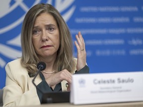 Celeste Saulo, World Meteorological Organization (WMO) secretary-general, speaks about the state of Global Climate 2023, during a press conference at the European headquarters of the United Nations in Geneva, Switzerland, Tuesday, March 19, 2024.