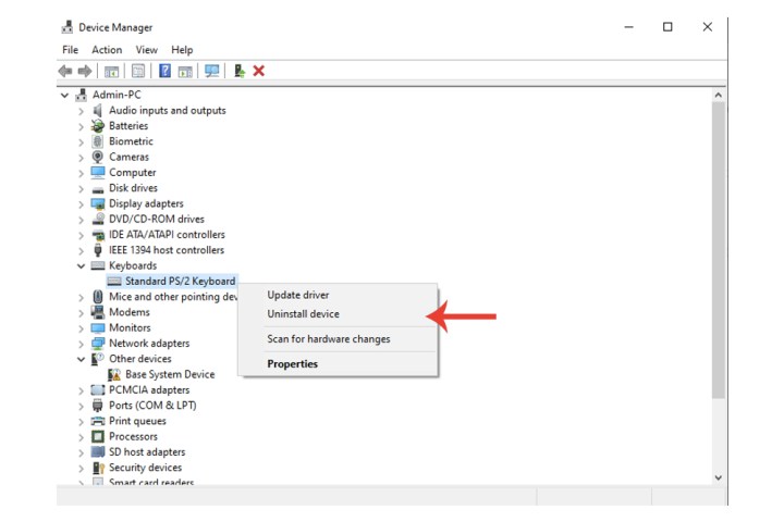 The option to uninstall the keyboard drivers within the Device Manager on Windows 10.
