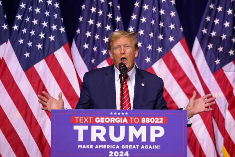 Trump in front of U.S. flags