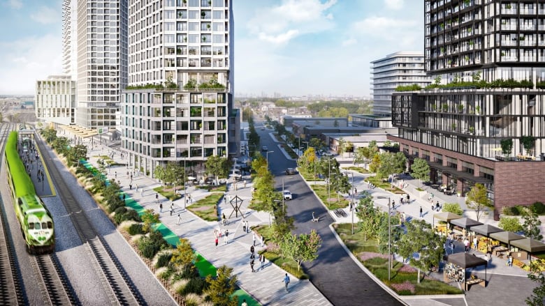 A digital rendering shows a community of residential towers and a new train station.